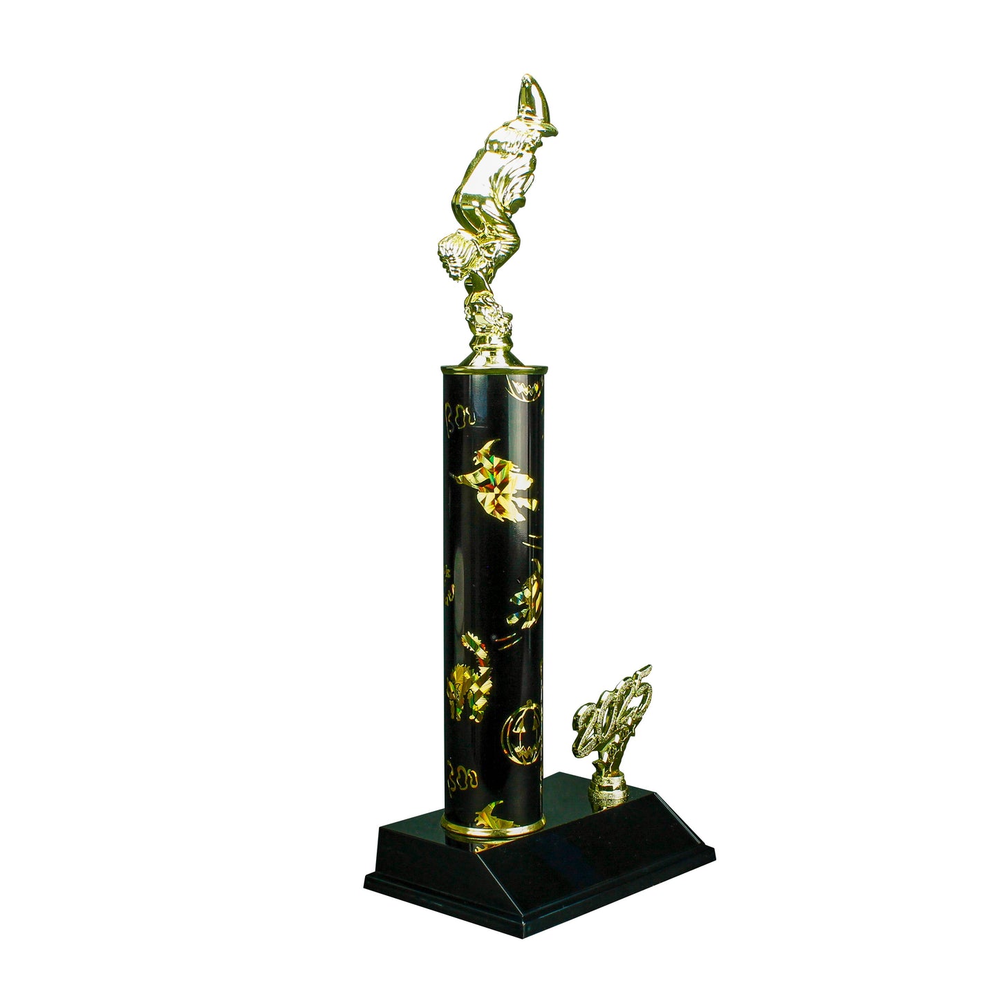 Witch on a broomstick trophy soaring mid-air with moon backdrop - 14 inch Halloween 2025 edition award from Decade Awards