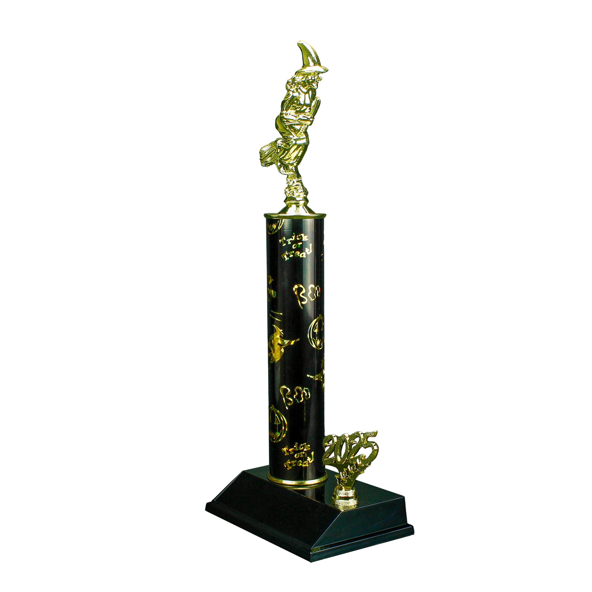 Witch on a broomstick trophy soaring mid-air with moon backdrop - 14 inch Halloween 2025 edition award from Decade Awards