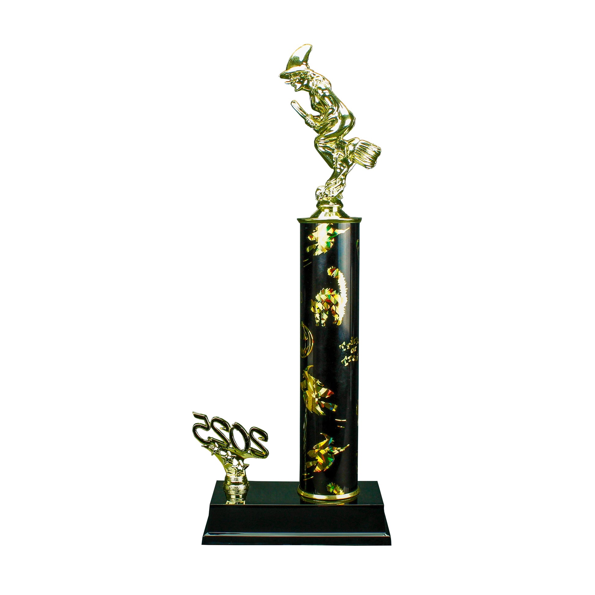 Witch on a broomstick trophy soaring mid-air with moon backdrop - 14 inch Halloween 2025 edition award from Decade Awards