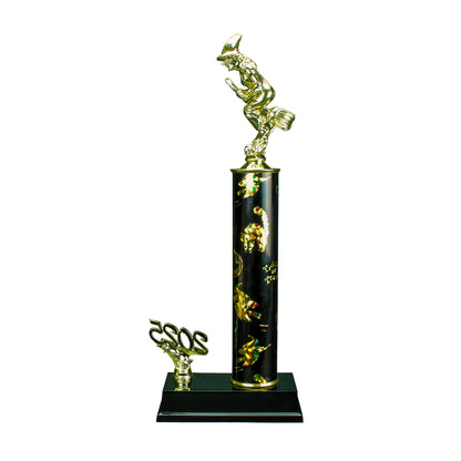 Witch on a broomstick trophy soaring mid-air with moon backdrop - 14 inch Halloween 2025 edition award from Decade Awards