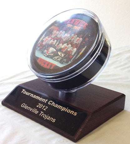Hockey Puck Holder with Wood Base - Personalized Decade Awards