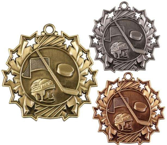 Hockey Ten Star Medal - Gold, Silver or Bronze | Engraved Ice Hockey 10 Star Medallion | 2.25 Inch Wide Decade Awards