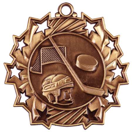 Hockey Ten Star Medal - Gold, Silver or Bronze | Engraved Ice Hockey 10 Star Medallion | 2.25 Inch Wide Decade Awards