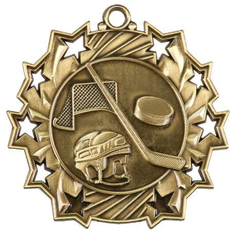 Hockey Ten Star Medal - Gold, Silver or Bronze | Engraved Ice Hockey 10 Star Medallion | 2.25 Inch Wide Decade Awards