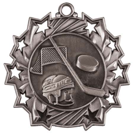 Hockey Ten Star Medal - Gold, Silver or Bronze | Engraved Ice Hockey 10 Star Medallion | 2.25 Inch Wide Decade Awards