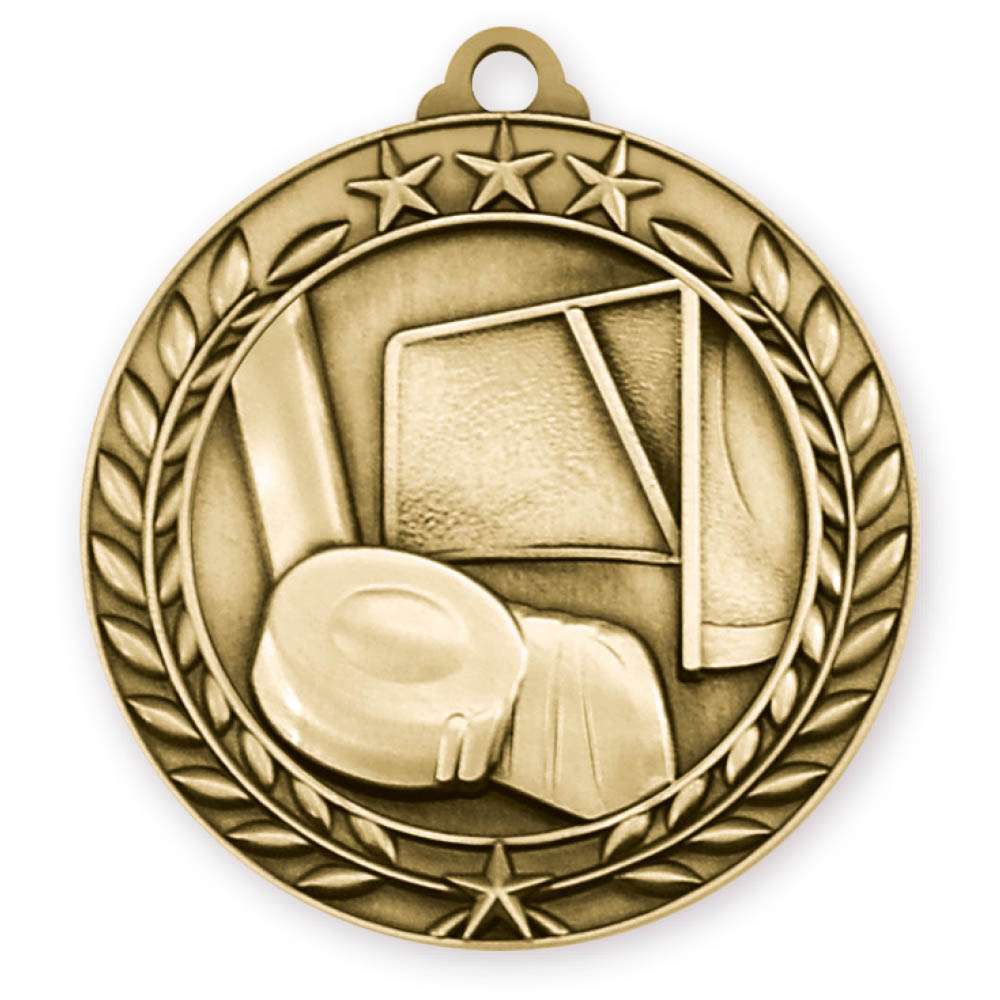 Hockey Wreath Medal- Gold, Silver or Bronze | Engraved Hockey Medallion - 2.75 Inch Wide Decade Awards