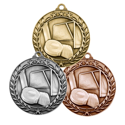 Hockey Wreath Medal- Gold, Silver or Bronze | Engraved Hockey Medallion - 2.75 Inch Wide Decade Awards