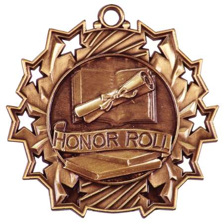 Honor Roll Ten Star Medal - Gold, Silver or Bronze | Engraved Scholastic 10 Star Medallion | 2.25 Inch Wide Decade Awards