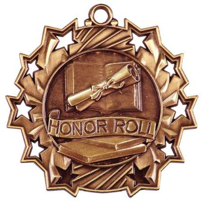 Honor Roll Ten Star Medal - Gold, Silver or Bronze | Engraved Scholastic 10 Star Medallion | 2.25 Inch Wide Decade Awards