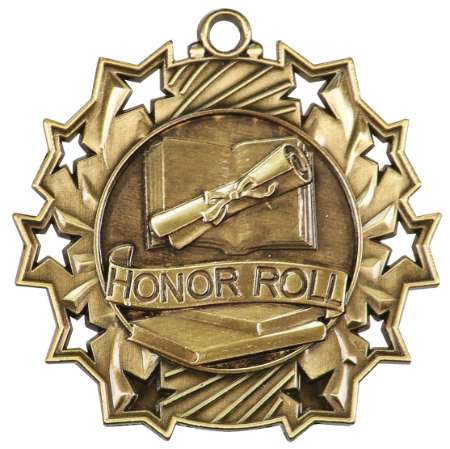 Honor Roll Ten Star Medal - Gold, Silver or Bronze | Engraved Scholastic 10 Star Medallion | 2.25 Inch Wide Decade Awards