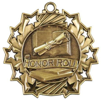 Honor Roll Ten Star Medal - Gold, Silver or Bronze | Engraved Scholastic 10 Star Medallion | 2.25 Inch Wide Decade Awards