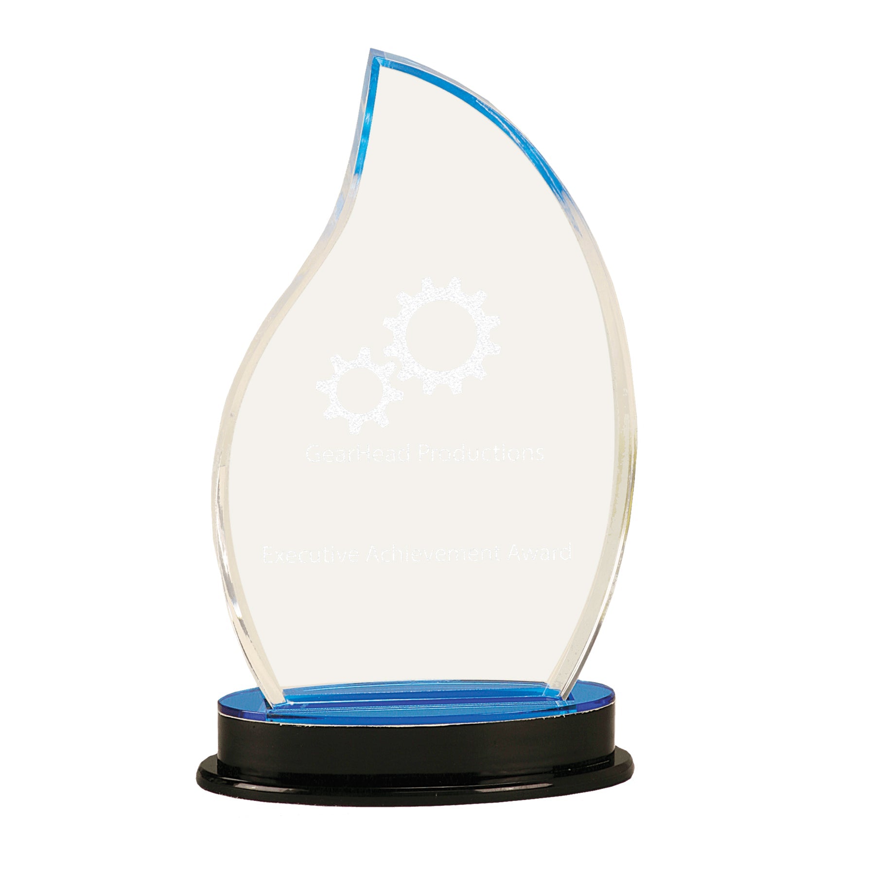 Personalized Blue Flame Impress Acrylic Trophy with custom engraving – 8.25 inch tall corporate recognition award featuring blue accent flame design on a clear base by Decade
