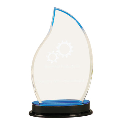 Personalized Blue Flame Impress Acrylic Trophy with custom engraving – 8.25 inch tall corporate recognition award featuring blue accent flame design on a clear base by Decade