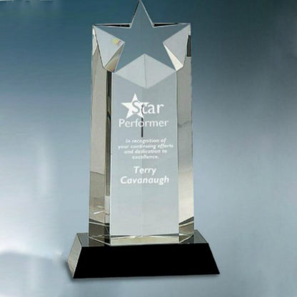Star Crystal Trophy | Black Pedestal Base | Personalized Corporate Award | 10 Inches Tall