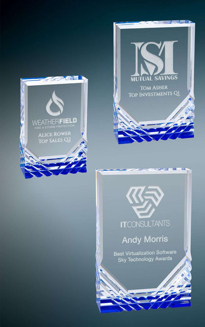 Jewel Mirage Acrylic Trophy - Blue or Gold | Engraved Acrylic Award - 6", 7" or 8" Tall Decade Awards