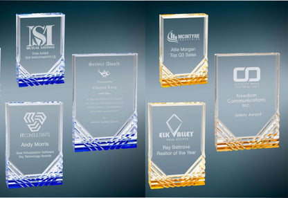 Jewel Mirage Acrylic Trophy - Blue or Gold | Engraved Acrylic Award - 6", 7" or 8" Tall Decade Awards
