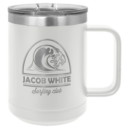 White 15 oz Vacuum Insulated Mug with Slider Lid - Personalized