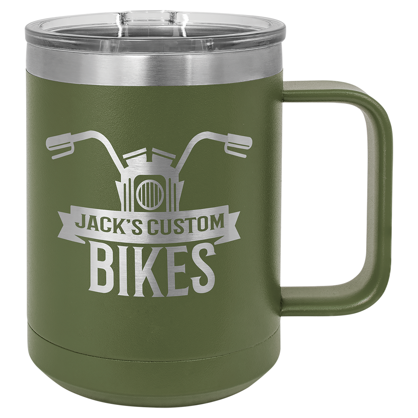 Olive Green 15 oz Vacuum Insulated Mug with Slider Lid - Personalized