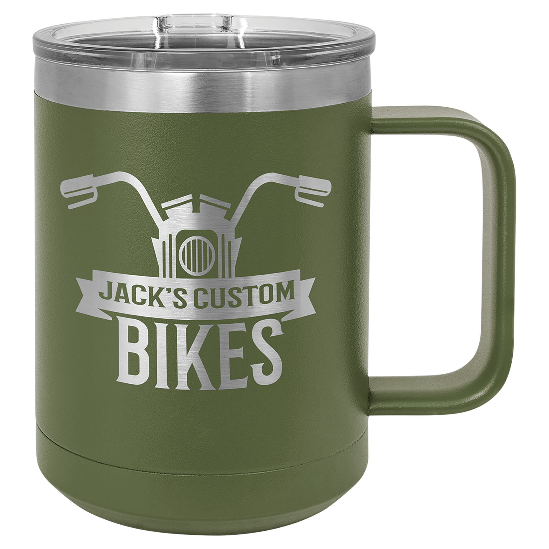 Olive Green 15 oz Vacuum Insulated Mug with Slider Lid - Personalized