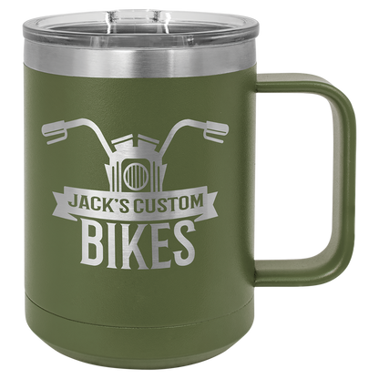 Olive Green 15 oz Vacuum Insulated Mug with Slider Lid - Personalized
