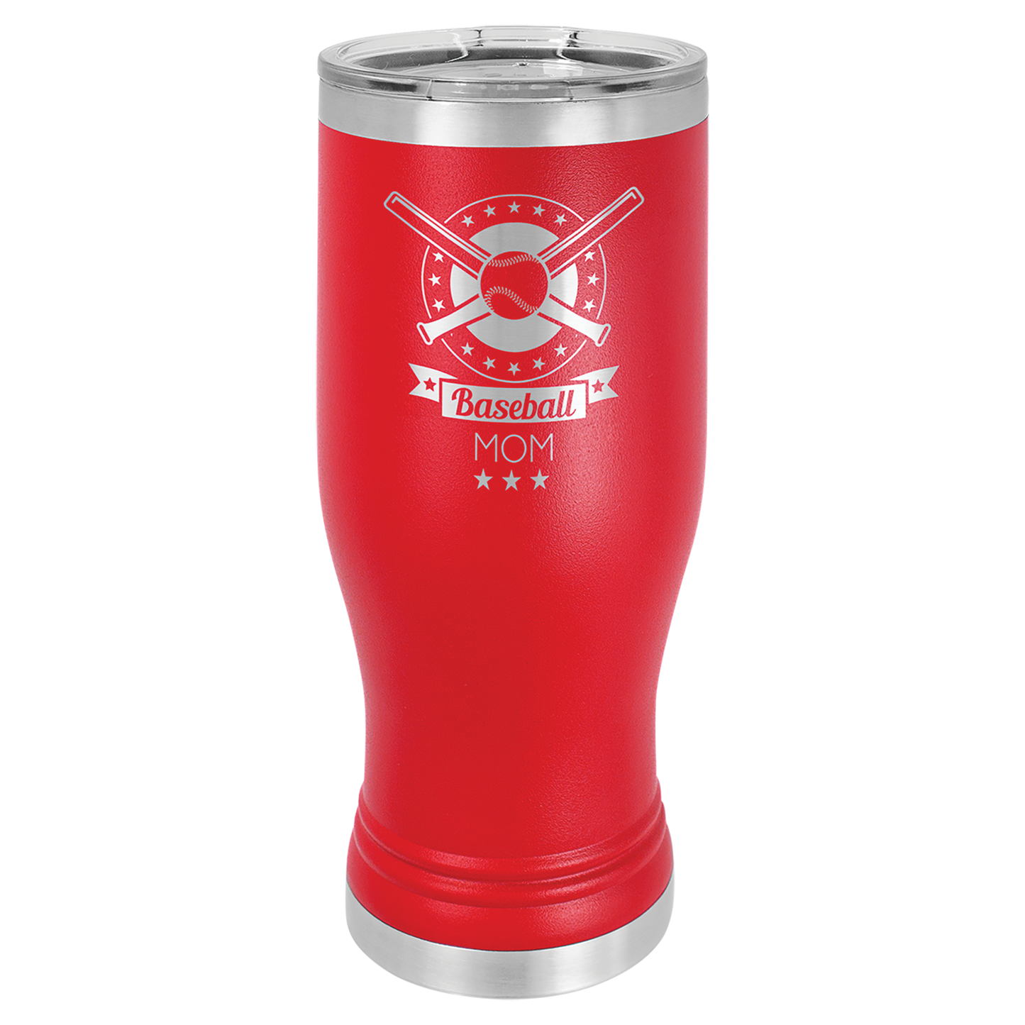 Red 20 oz Vacuum Insulated Pilsner Bottle with Clear Lid - Personalized