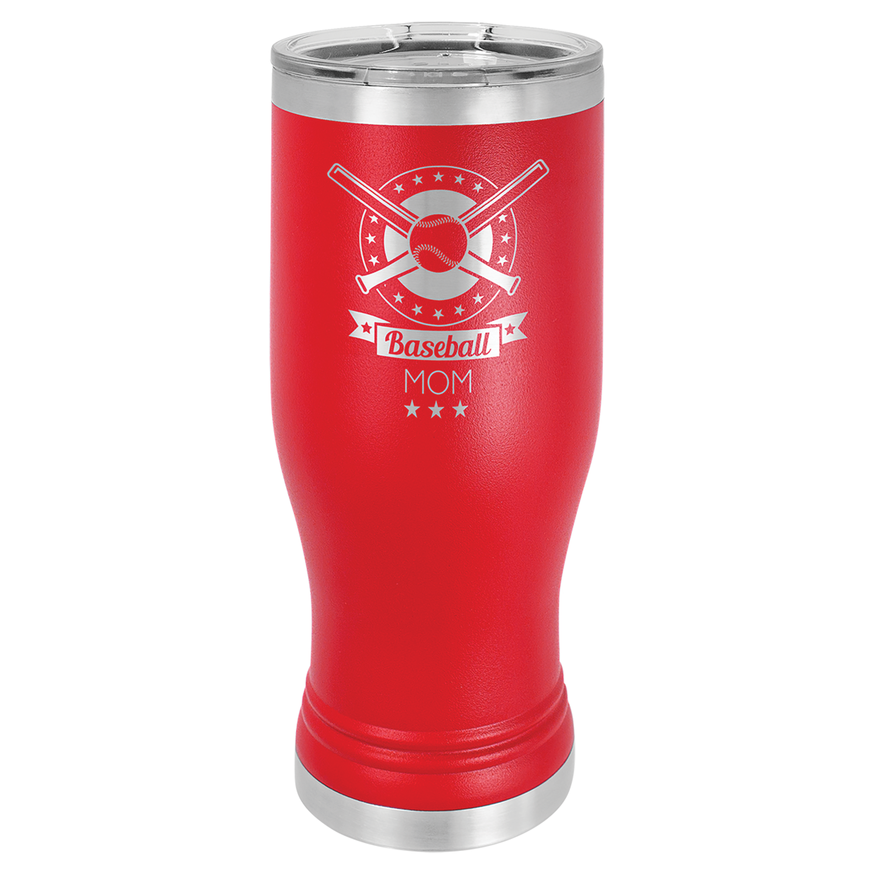 Red 20 oz Vacuum Insulated Pilsner Bottle with Clear Lid - Personalized