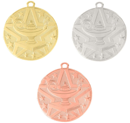 Lamp of Knowledge Superstar Medal - Gold, Silver, or Bronze | Engraved Superstar Knowledge Medallion - 2 Inch Wide Decade Awards