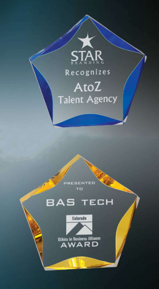 Luminary Star Trophy - Blue or Gold | Engraved Acrylic Star Corporate Award - 5", 6" or 7" Decade Awards