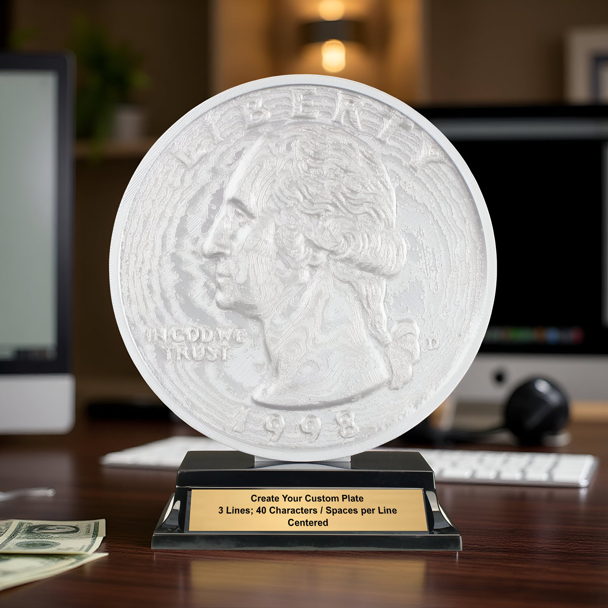 Quarter Trophy with twenty five cent coin design and sleek black base with free custom engraving Decade Awards
