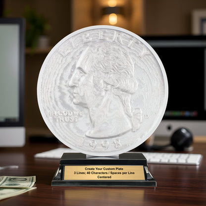 Quarter Trophy with twenty five cent coin design and sleek black base with free custom engraving Decade Awards