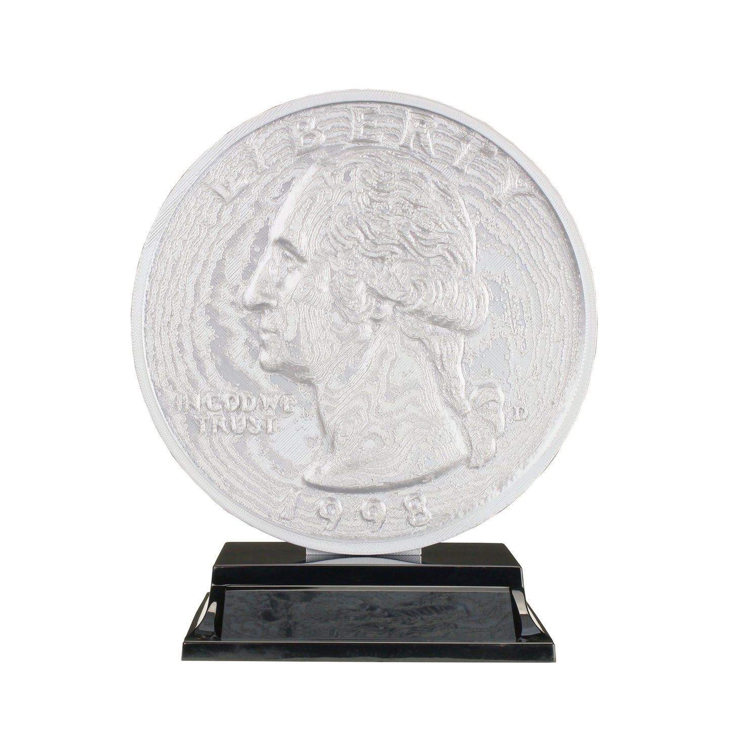 Quarter Trophy with twenty five cent coin design and sleek black base with free custom engraving Decade Awards