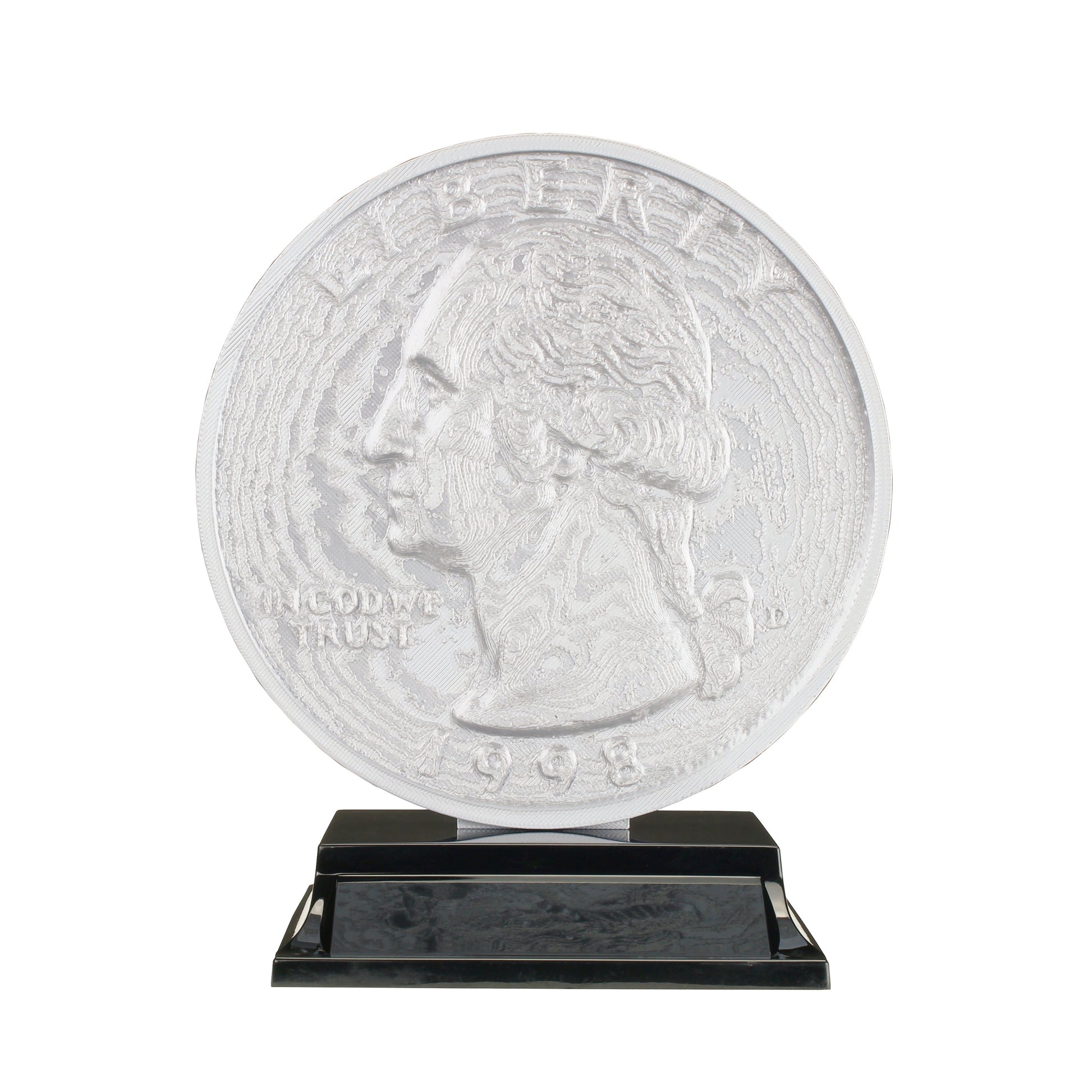 Quarter Trophy with twenty five cent coin design and sleek black base with free custom engraving Decade Awards