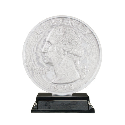 Quarter Trophy with twenty five cent coin design and sleek black base with free custom engraving Decade Awards