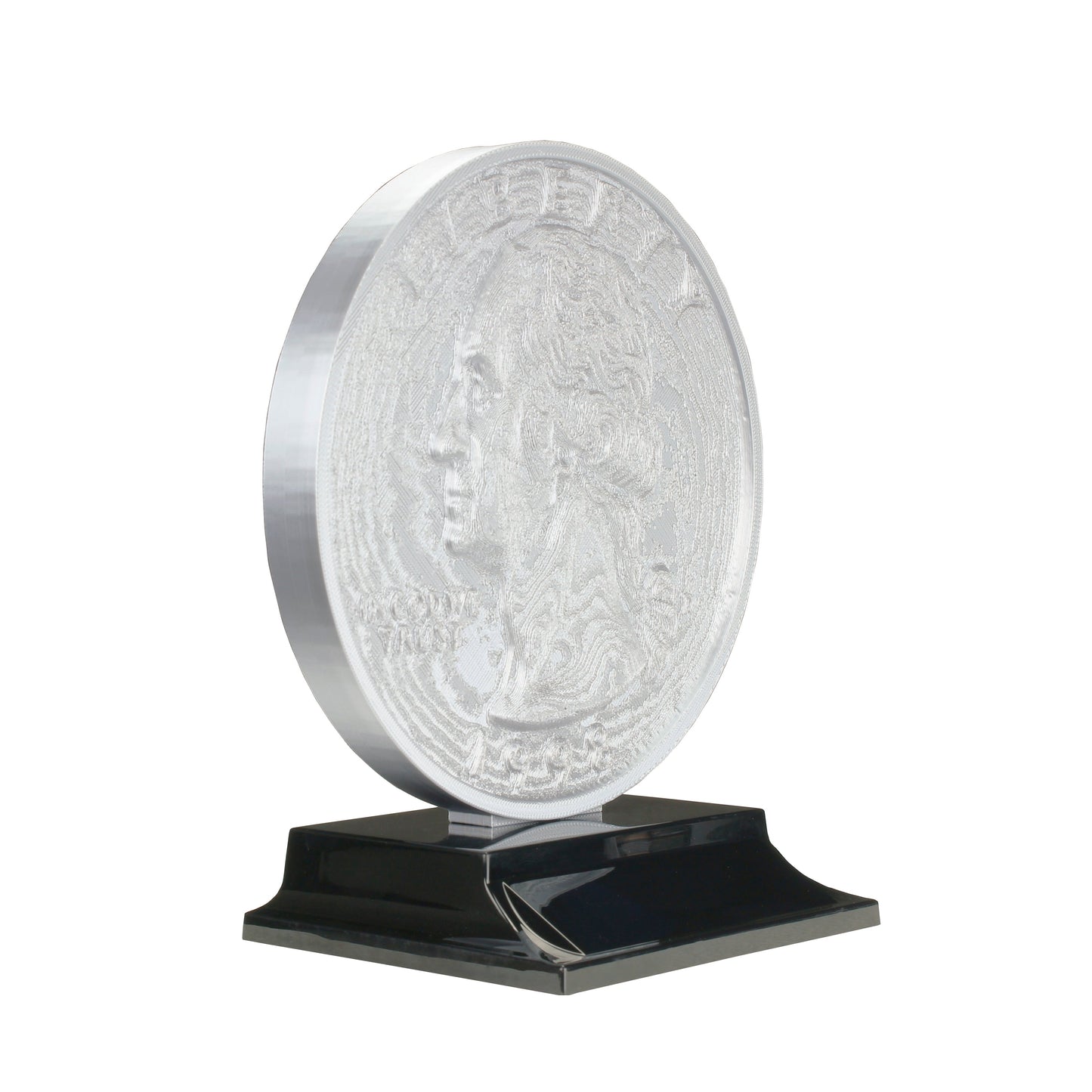Quarter Trophy with twenty five cent coin design and sleek black base with free custom engraving Decade Awards