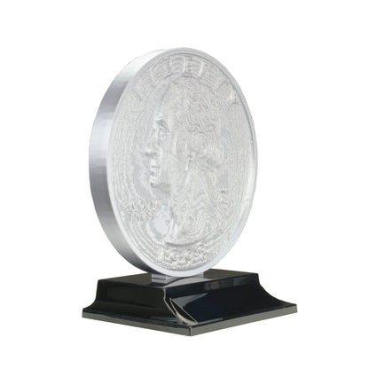 Quarter Trophy with twenty five cent coin design and sleek black base with free custom engraving Decade Awards