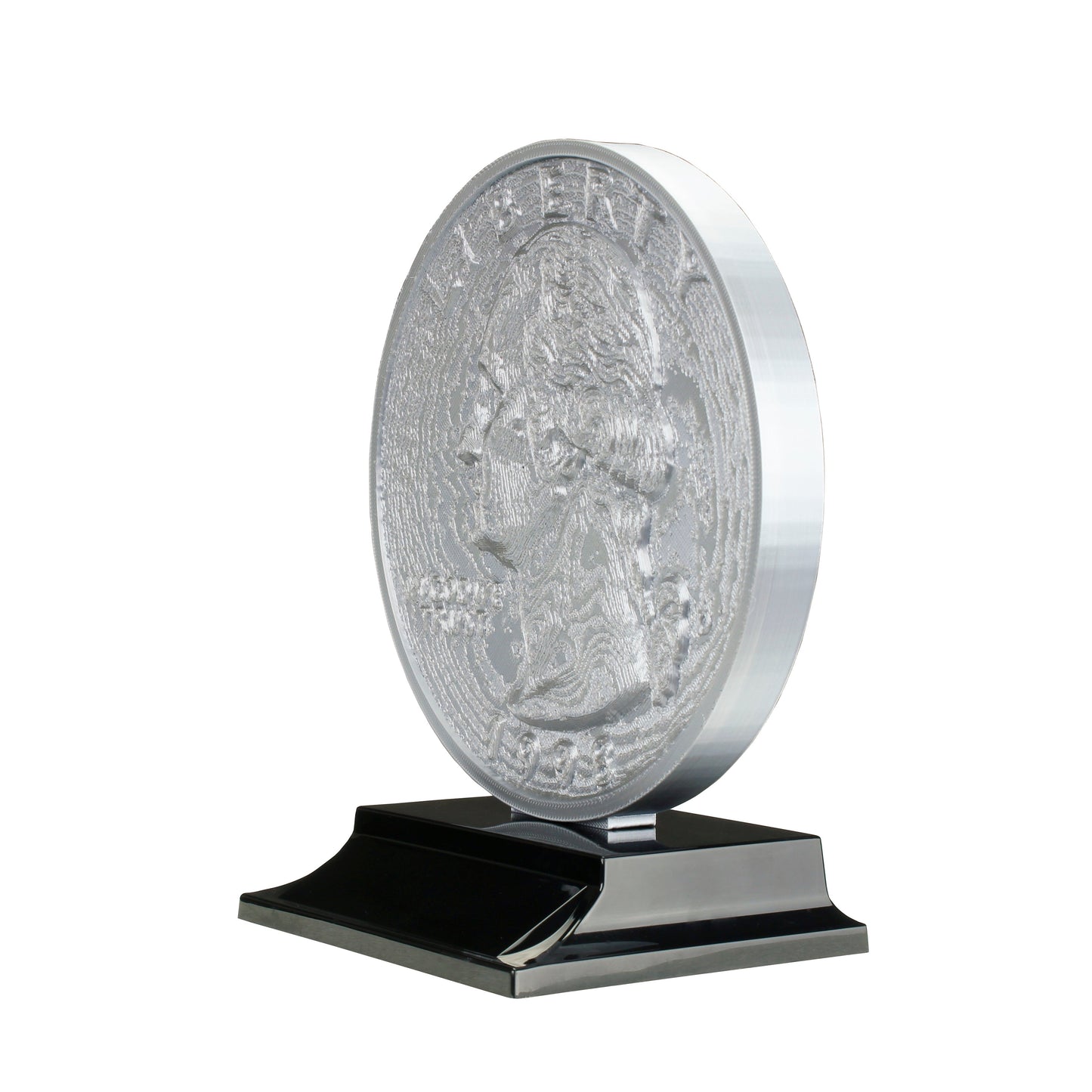 Quarter Trophy with twenty five cent coin design and sleek black base with free custom engraving Decade Awards