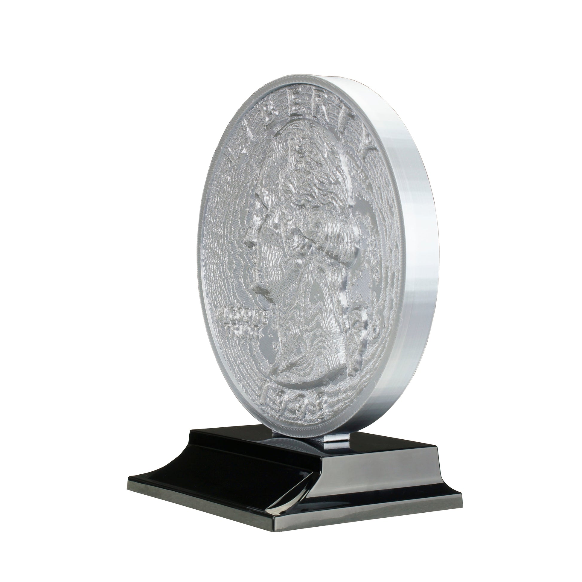 Quarter Trophy with twenty five cent coin design and sleek black base with free custom engraving Decade Awards