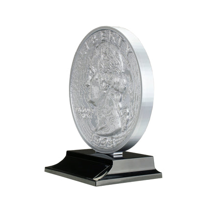 Quarter Trophy with twenty five cent coin design and sleek black base with free custom engraving Decade Awards