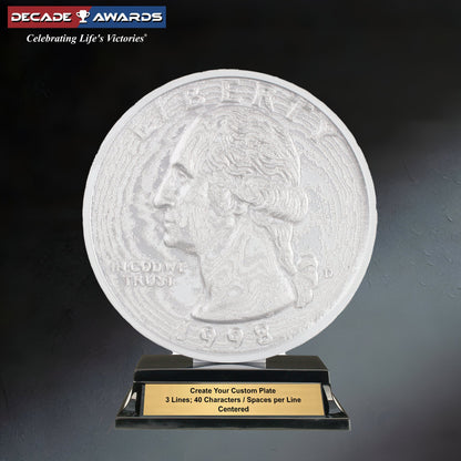 Quarter Trophy with twenty five cent coin design and sleek black base with free custom engraving Decade Awards