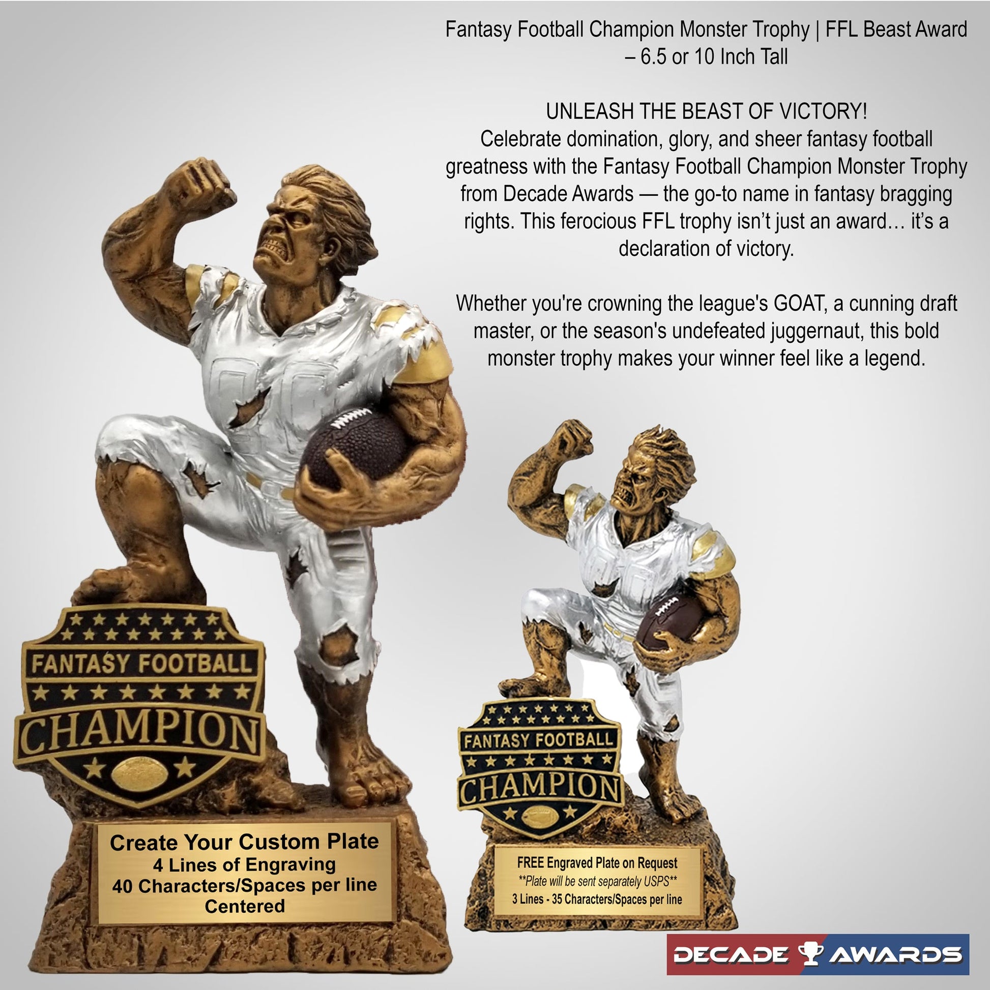 Fantasy Football Champion Monster Trophy - Beast Mode FFL Champion Trophy – Tribute to the Fantasy GOAT from Decade Awards - 6.5 or 10 Inch Tall
