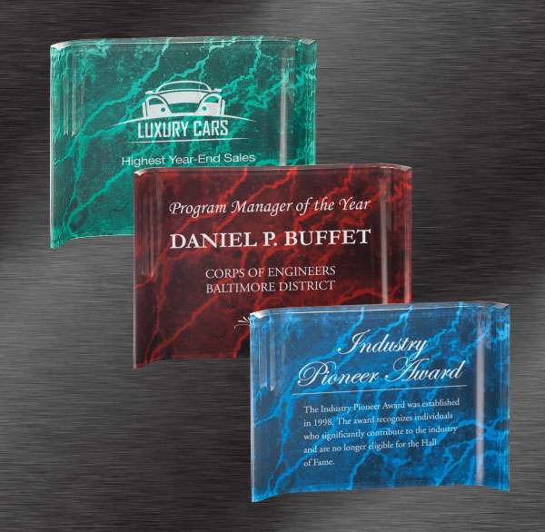 Marbleized Crescent Acrylic Award - Red, Blue or Green | Engraved Acrylic Award -4x6, 5x7 or 6x8 Inches Decade Awards