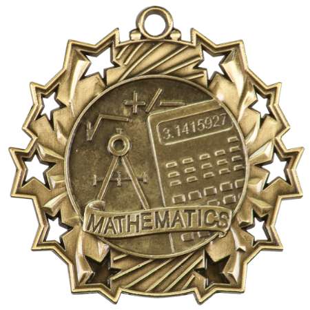 Math Ten Star Medal - Gold, Silver or Bronze | Engraved Mathematics 10 Star Medallion | 2.25 Inch Wide Decade Awards