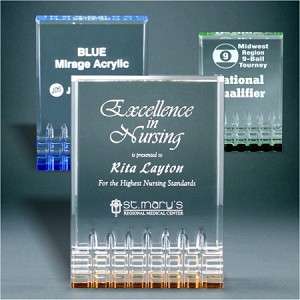 Mirage Acrylic Award - Blue, Gold, Green or (new) RED | Engraved Acrylic Corporate Trophy - 5, 6 or 7 Inch Tall Decade Awards