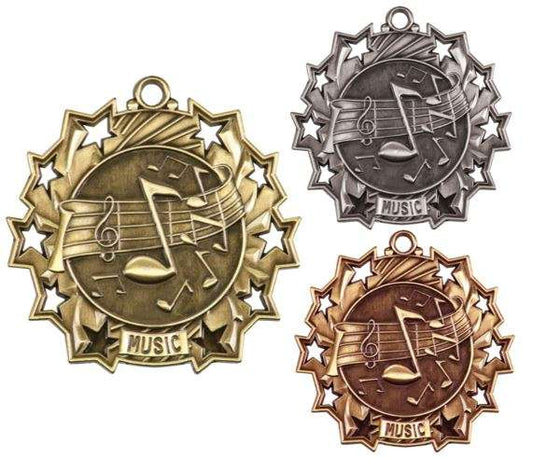 Music Ten Star Medal - Gold, Silver or Bronze | Engraved Performer 10 Star Medallion | 2.25 Inch Wide Decade Awards
