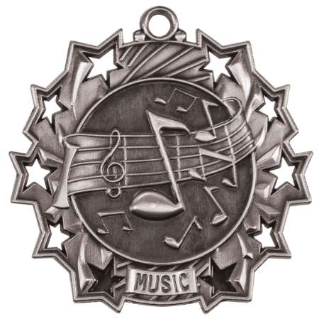 Music Ten Star Medal - Gold, Silver or Bronze | Engraved Performer 10 Star Medallion | 2.25 Inch Wide Decade Awards