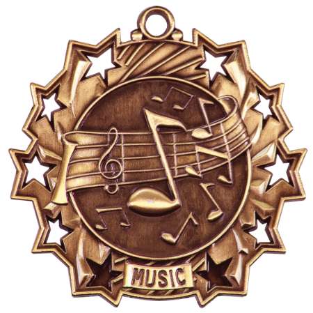 Music Ten Star Medal - Gold, Silver or Bronze | Engraved Performer 10 Star Medallion | 2.25 Inch Wide Decade Awards