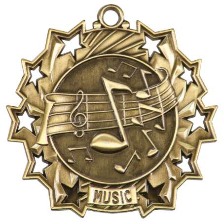 Music Ten Star Medal - Gold, Silver or Bronze | Engraved Performer 10 Star Medallion | 2.25 Inch Wide Decade Awards