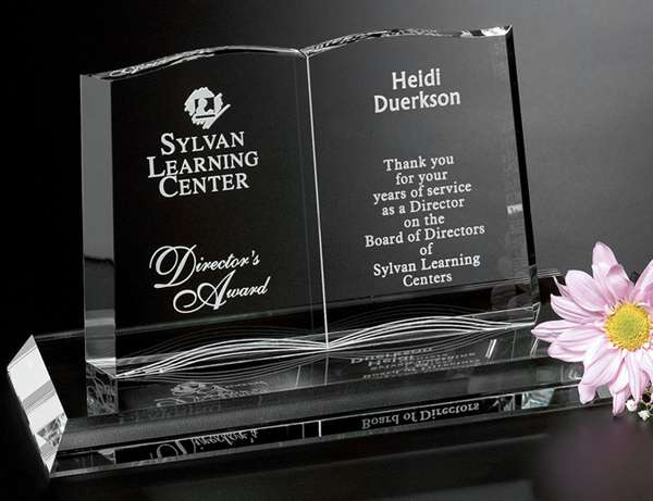 Open Book Crystal Corporate Award | Engraved Crystal Book - 10" Wide Decade Awards