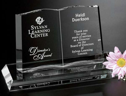 Open Book Crystal Corporate Award | Engraved Crystal Book - 10" Wide Decade Awards