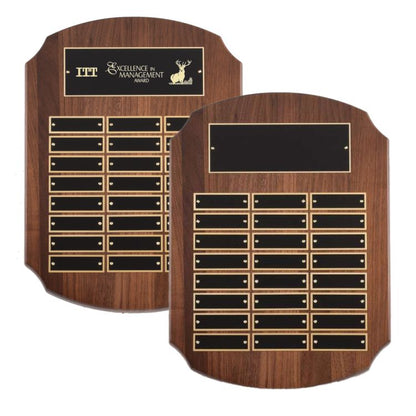 Perpetual Plaque - 11" x 15" | Genuine Walnut Shield Plaque with 24 plates Decade Awards